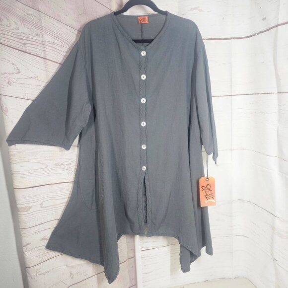 Oh My Gauze Btn Up Cotton Tunic Top CoverUp Sz L/XL Lightweight Handpockets NWT - Picture 3 of 9
